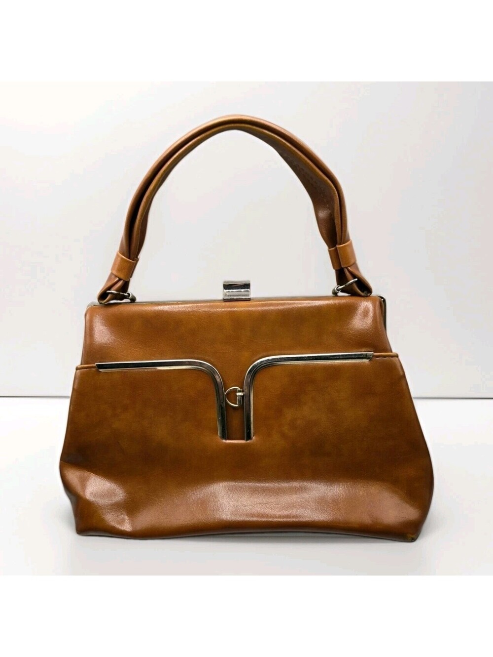 Vintage 40s 50s Structured Leather Satchel Bag Handbag USA Brown And Gold